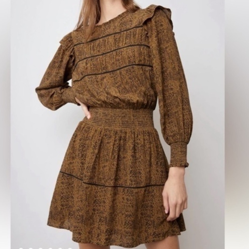 RAILS Faren Sepia Python Smocked Waist Ruffle Detail , long Sleeves Sz M